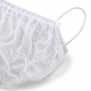 Close-up van een witte disposable baardcover met focus op de elastische oorlus, geplooide afwerking en fijne non-woven vezelstructuur. De afbeelding toont de hoogwaardige afwerking van het ademende materiaal en de stevige bevestiging van de elastische lus