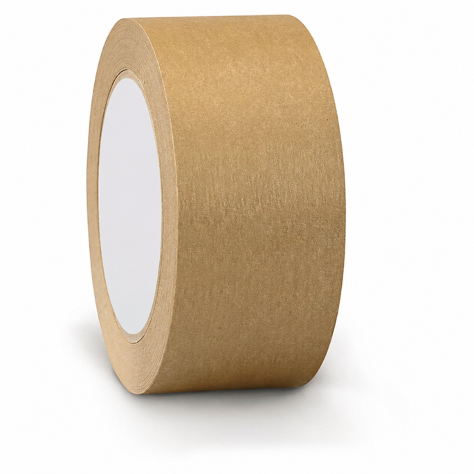 Bruine ECO papieren verpakkingstape van 50 mm x 50 m, afgebeeld als een enkele rol op een witte achtergrond. Duurzame kraft papieren tape geschikt voor het sluiten van dozen, verzendverpakkingen en milieuvriendelijke verpakkingsoplossingen.