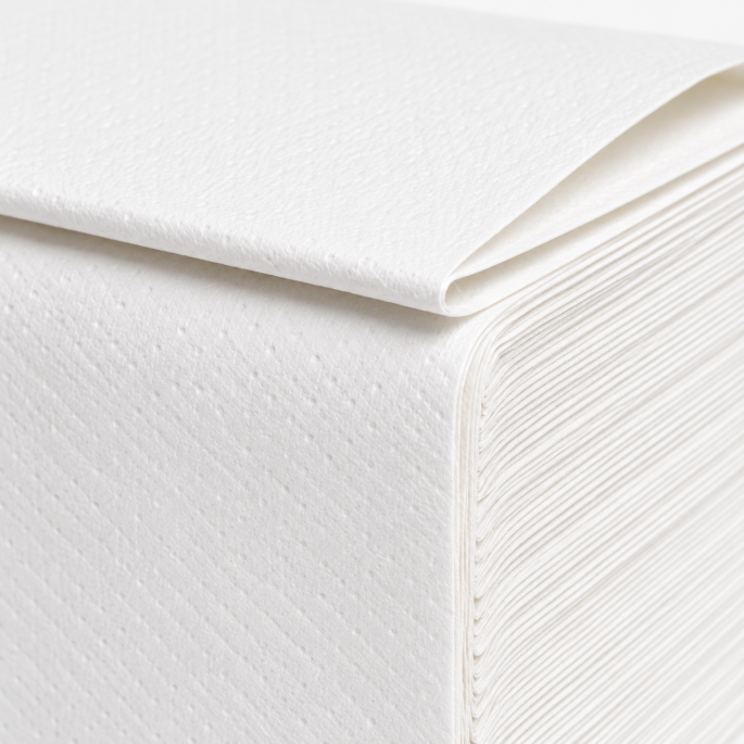 Close-up van Euro Toptex Snow White Z-Fold handdoekpapier, waarbij de fijne papierstructuur, nette Z-vouw en strak gestapelde lagen duidelijk zichtbaar zijn op een witte achtergrond.