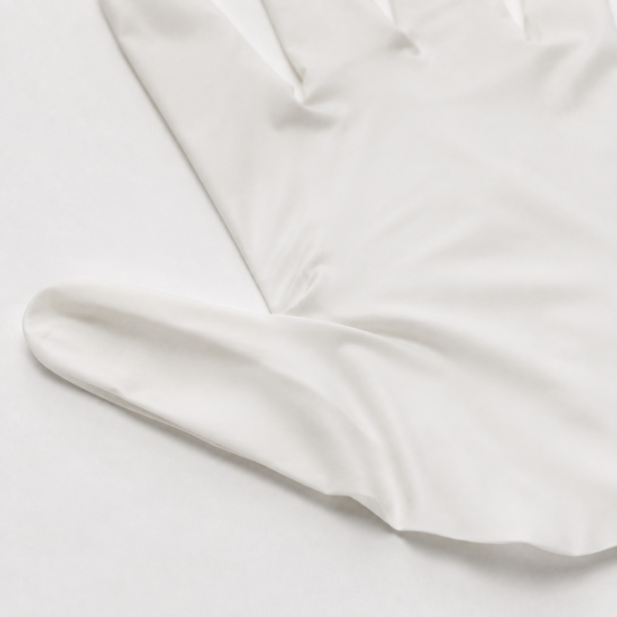 Detailopname van de gladde duimaanzet en natuurlijke plooien van een witte nitril handschoen. 