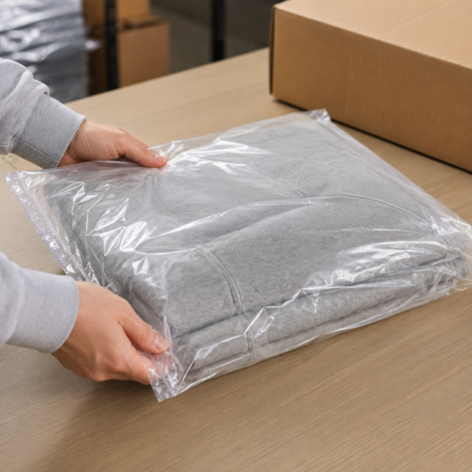Transparante LDPE zak van 600 × 800 mm in gebruik voor het verpakken van een opgevouwen hoodie. De gladde, heldere folie beschermt het kledingstuk tegen stof, vuil en vocht tijdens opslag en verzending.