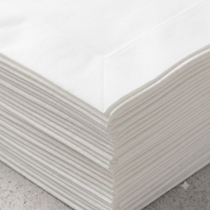 Een close-up macro-opname van de hoek van een stapel witte, 2-laags papieren servetten, waarbij de textuur van het papier en de afzonderlijke lagen duidelijk zichtbaar zijn.