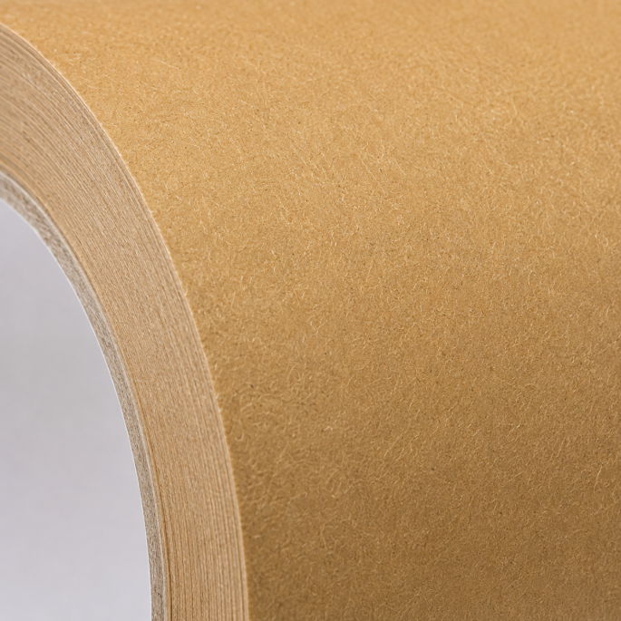 Extreme close-up van bruine ECO papieren tape waarbij de natuurlijke papiervezels, fijne structuur en gelaagde opbouw van de rol duidelijk zichtbaar zijn. De detailopname benadrukt de hoogwaardige kraft papierkwaliteit en duurzame uitstraling van de verpa