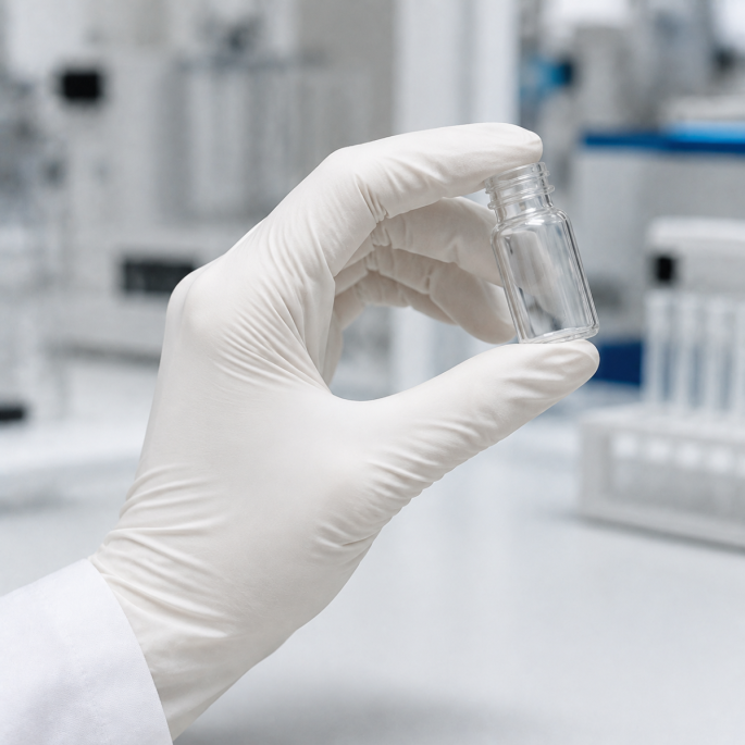 Hand met witte nitril handschoen houdt een glazen monsterflesje vast in een laboratorium. 