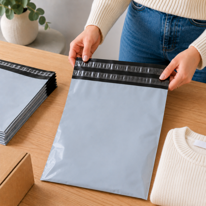 Grijze verzendzak met dubbele plakstrip op een houten tafel, vastgehouden door een persoon, met daarnaast een opgevouwen trui, een stapel verzendzakken en een kartonnen verzenddoos.