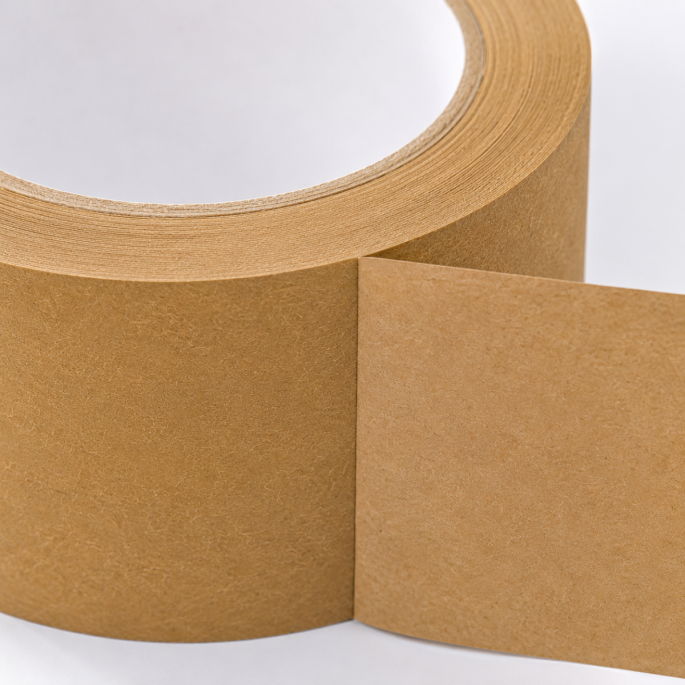 Detailfoto van bruine ECO papieren tape met gedeeltelijk afgerolde strook. De opname toont de natuurlijke kraft papierstructuur, de gelijkmatige rolopbouw en de hoogwaardige afwerking van de duurzame verpakkingstape.