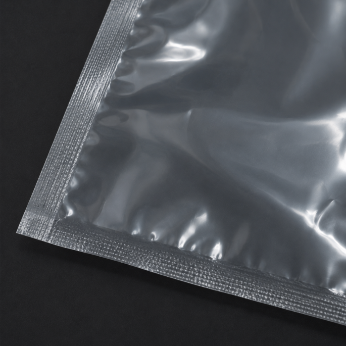 Close-up detailfoto van een transparante krimpzak met bodemseal, waarbij de stevige gesealde randen, glanzende afwerking en heldere kunststofstructuur zichtbaar zijn.