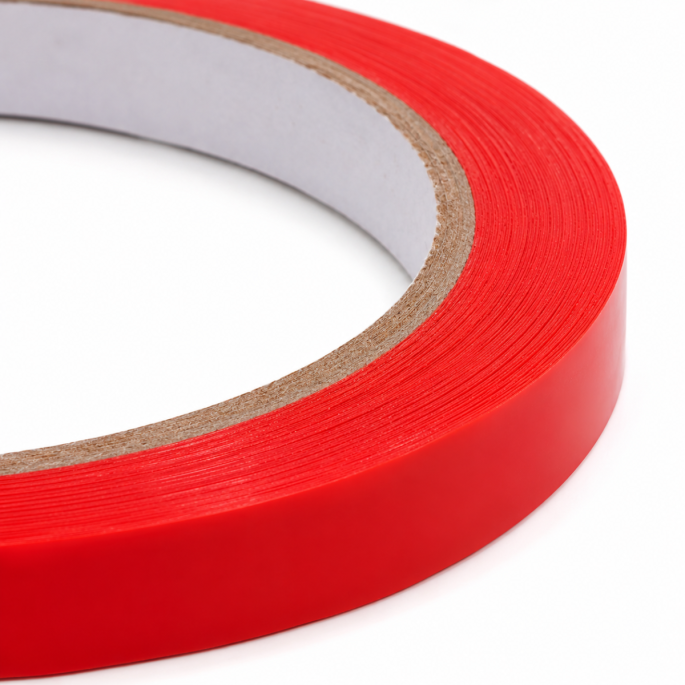 Detailfoto van rood PVC sluit tape met close-up van de tape-opbouw, gladde afwerking en kartonnen kern.