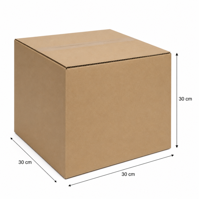 Amerikaanse vouwdoos B-golf van bruin karton in formaat 30 x 30 x 30 cm, productfoto op witte achtergrond.