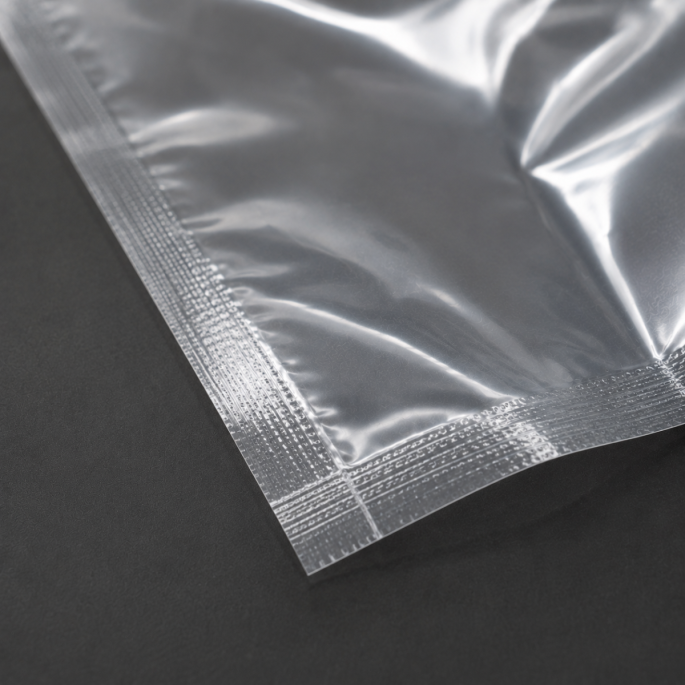 Close-up detailfoto van een transparante krimpzak met bodemseal, waarbij de sterke gesealde hoek, glanzende transparante folie en hoogwaardige afwerking van het verpakkingsmateriaal zichtbaar zijn.