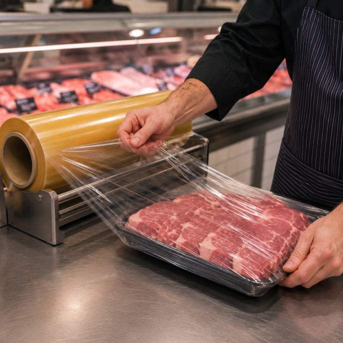 Meatwrap 10 micron folie 380 mm x 1.500 m in gebruik bij het verpakken van meerdere stukken vers rundvlees op een vleestray. De transparante voedselverpakkingsfolie wordt strak over de verpakking gespannen voor optimale bescherming, hygiëne en productpres