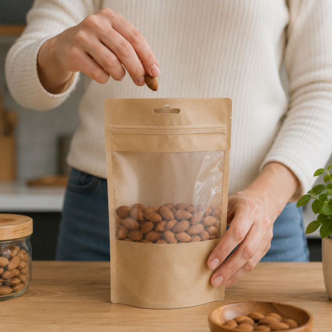 Kraft papieren stazak met transparant venster gevuld met amandelen, gebruikt in een moderne keukenomgeving. Een persoon pakt een amandel uit de hersluitbare verpakking, waarmee het gebruiksgemak en de vershoudfunctie van de verpakking worden getoond.