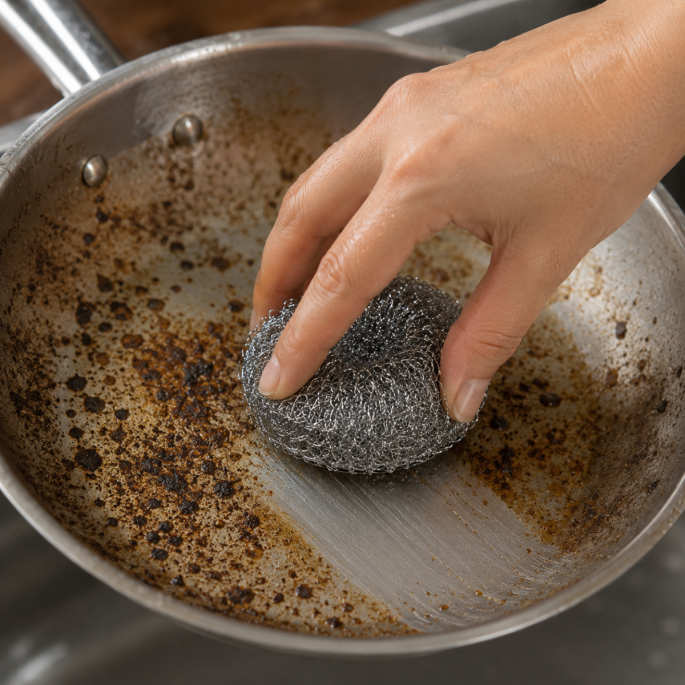 Staalspons in gebruik tijdens het reinigen van een roestvrijstalen pan met aangekoekte etensresten. De stevige staaldraden verwijderen hardnekkig vuil en ingebrand vet effectief.