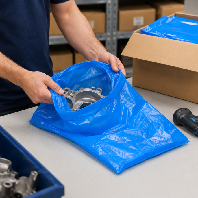 Blauwe HDPE zak 20 my formaat 400 × 600 mm in gebruik voor het verpakken van metalen onderdelen, ideaal voor stofvrije opslag en veilig transport in een magazijn- of productieomgeving.