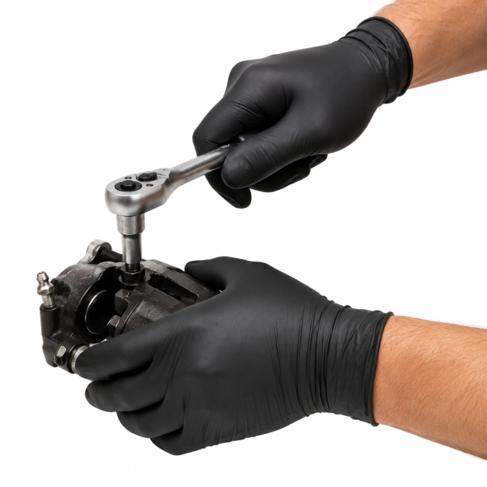Monteur draagt extra dikke zwarte nitril handschoenen maat XL tijdens het vastzetten van een mechanisch onderdeel met een ratelsleutel. Stevige poedervrije wegwerphandschoenen bieden optimale grip en bescherming tijdens technische werkzaamheden.