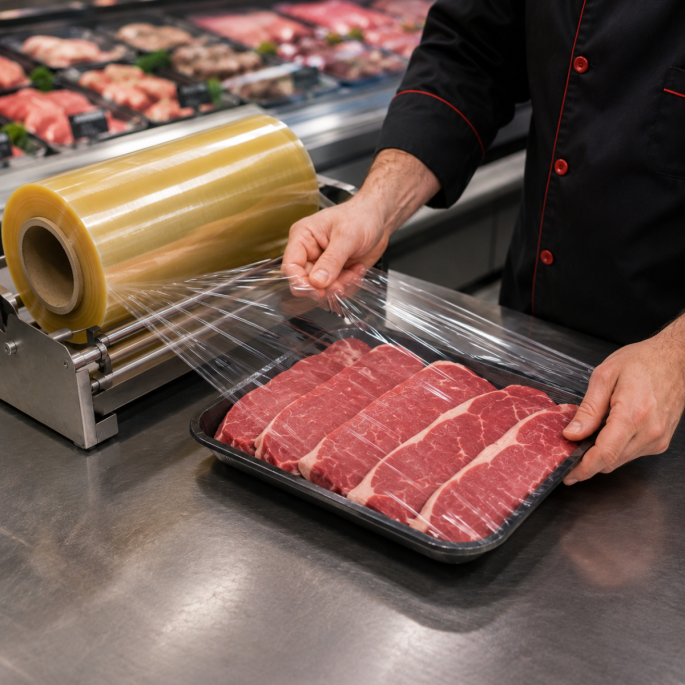 Meatwrap 10 micron folie 380 mm x 1.500 m in gebruik bij het verpakken van verse rundvleessteaks op een vleestray. De transparante voedselverpakkingsfolie wordt strak over de verpakking gespannen voor optimale bescherming, hygiëne en een aantrekkelijke pr