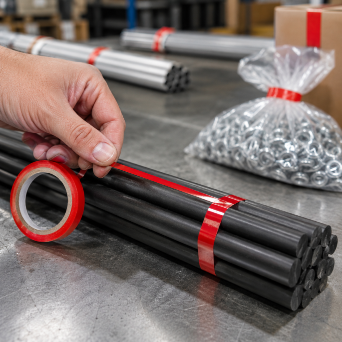  Rood PVC sluit tape in gebruik voor het bundelen van materialen in een professionele magazijn- of productieomgeving. 