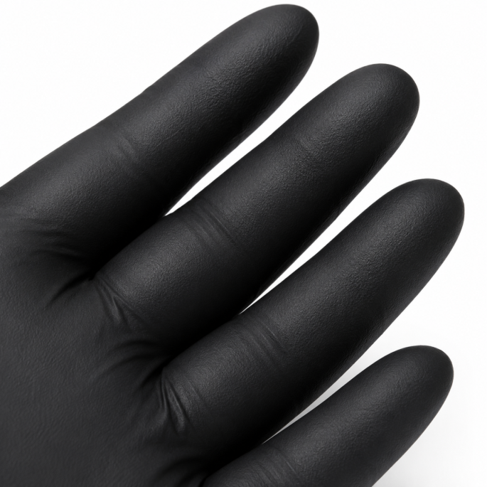 Detailopname van een extra dikke zwarte nitril handschoen maat XL waarbij de fijne textuur en stevige materiaalkwaliteit zichtbaar zijn. De close-up toont het duurzame oppervlak dat zorgt voor extra grip, comfort en scheurweerstand tijdens professioneel g