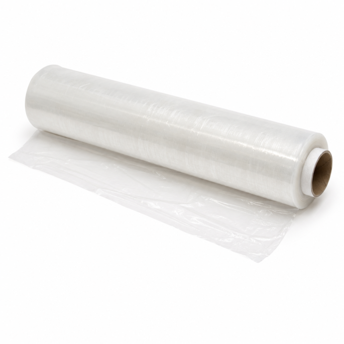 Transparante handwikkelfolie rol met deels afgerolde folie zichtbaar op een witte achtergrond, productfoto voor webshop.