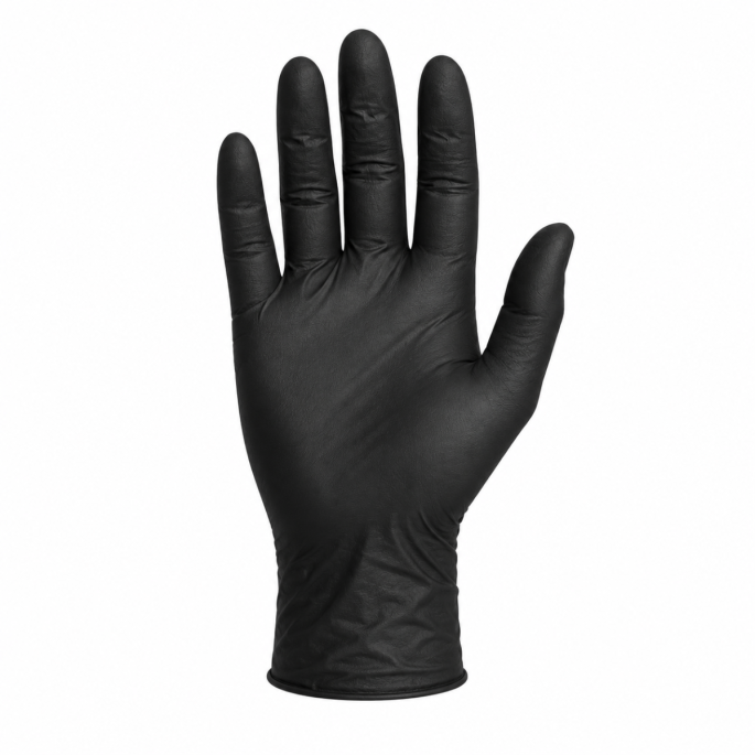 Zwarte extra dikke nitril handschoen maat M op witte achtergrond, geschikt voor professioneel gebruik en optimale handbescherming.