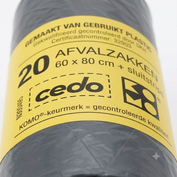 Een detailopname vanuit een schuine hoek van het gele productlabel op een rol grijze afvalzakken, gefotografeerd tegen een witte achtergrond. De focus ligt op de zwarte tekst