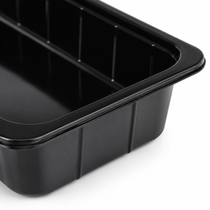Close-up van de PP 1/2 gastro thermo schaal zwart 325 x 265 x 100 mm met focus op de afgeronde hoek, brede rand en stevige kunststof afwerking op witte achtergrond.