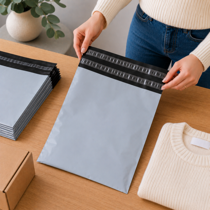 Grijze verzendzak met dubbele plakstrip die door een persoon wordt vastgehouden boven een houten tafel, met daarnaast een opgevouwen trui, een stapel verzendzakken en een kartonnen verzenddoos in een nette verpakkingsomgeving.