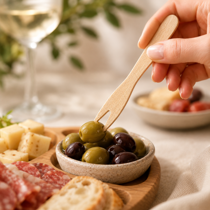 Houten amusevorkje van berkenhout in gebruik tijdens een borrel, waarmee een groene olijf wordt opgepakt uit een schaal met tapas. Op de achtergrond zijn kaasblokjes, charcuterie en brood zichtbaar, ideaal voor catering, evenementen en luxe hapjespresenta