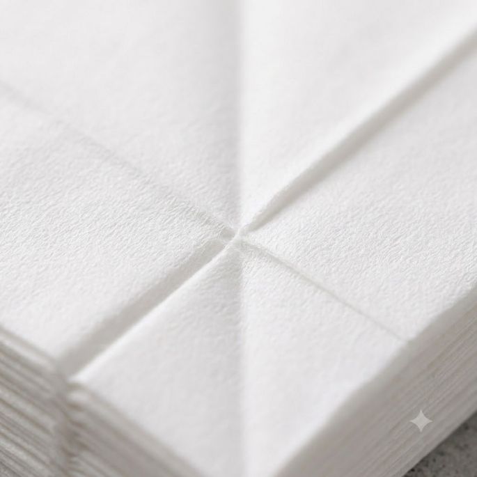 Een extreme macro-opname ingezoomd op het midden van een stapel witte papieren servetten, waarbij de fijne vezelstructuur van de stof en de strakke vouwlijnen in het papier duidelijk zichtbaar zijn.