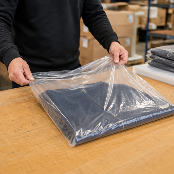 HDPE zak 35 micron transparant 600 x 1250 mm in gebruik tijdens het verpakken van een opgevouwen kledingstuk. De transparante kunststof zak biedt bescherming tegen stof, vuil en vocht tijdens opslag en transport.