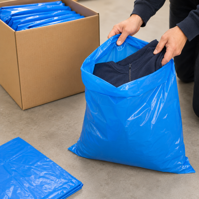 Blauwe HDPE zak 20 my formaat 400 × 600 mm in gebruik voor het verpakken van kleding, geschikt voor het stofvrij en beschermd opslaan of vervoeren van producten.