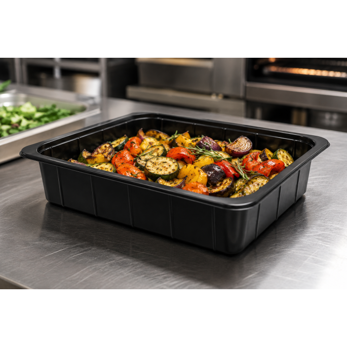 PP 1/2 gastro thermo schaal zwart 325 x 265 x 100 mm in gebruik in een professionele keuken, gevuld met gegrilde groenten op een RVS werkblad.