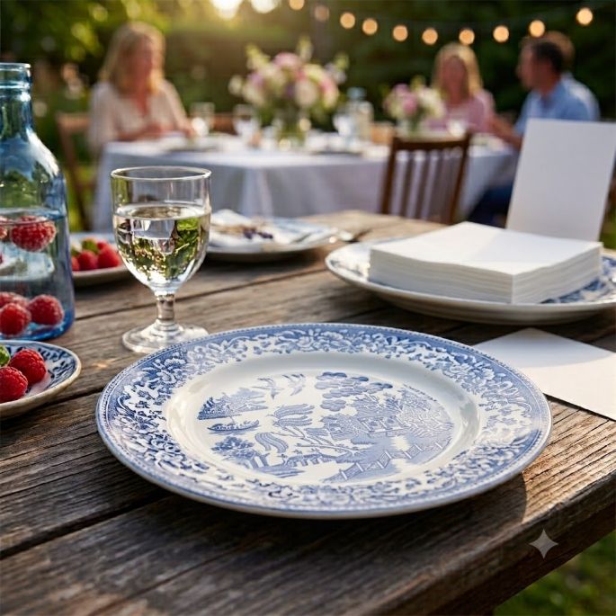 Een sfeervolle outdoor lifestyle-afbeelding van een gedekte houten tafel in een tuin. Op de voorgrond staat een leeg blauw-wit klassiek gedecoreerd bord, met daarachter een glas water en een stapel vierkante, gladde witte servetten op een ander bord. Op d