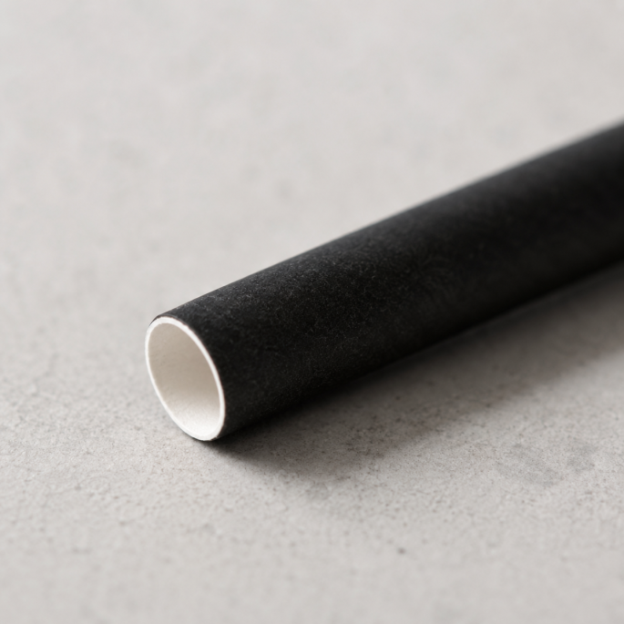 Detailfoto van een zwart papieren rietje met zichtbare papiervezelstructuur en witte binnenzijde. Macro-opname die de hoogwaardige afwerking en duurzame kwaliteit van het drinkrietje benadrukt.