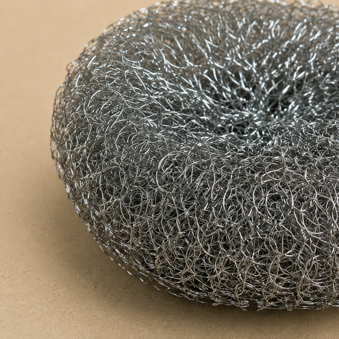 Ingezoomde detailfoto van een roestvrijstalen staalspons, waarbij de fijne gevlochten staaldraden en robuuste structuur duidelijk zichtbaar zijn op een neutrale beige achtergrond