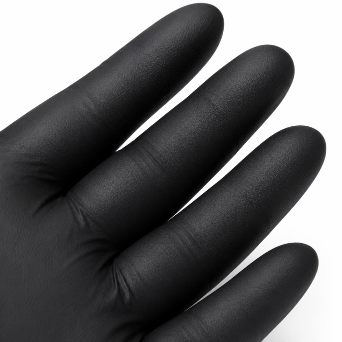 Close-up van een zwarte nitril handschoen met gestructureerd oppervlak voor extra grip en optimale vingergevoeligheid