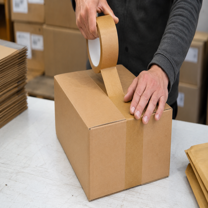 Medewerker brengt bruine ECO papieren tape aan op een kartonnen verzenddoos. De duurzame kraft verpakkingstape zorgt voor een stevige en milieuvriendelijke sluiting tijdens het verpakken van goederen in een magazijnomgeving.